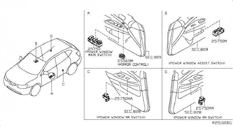 Кнопка стеклоподъемника передней правой двери Nissan Rogue AWD QR25DE 2014- 254111KA5A