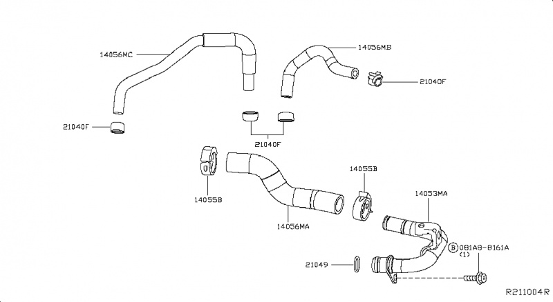 Патрубок системы охлаждения Nissan Rogue AWD QR25DE 2014- 140564BA0B